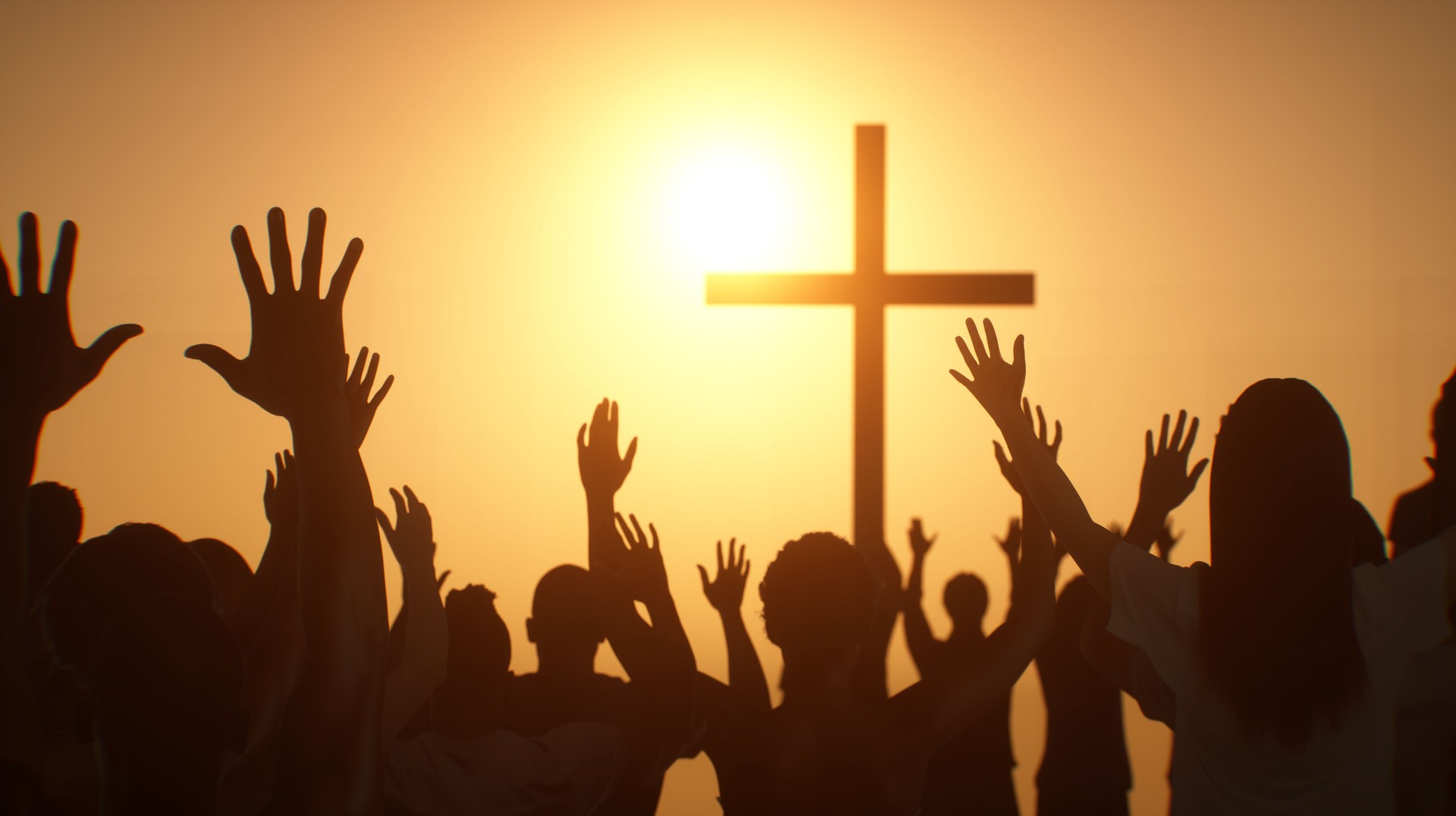 the silhouette of a Christian cross with the  worship praying people hands render 3d