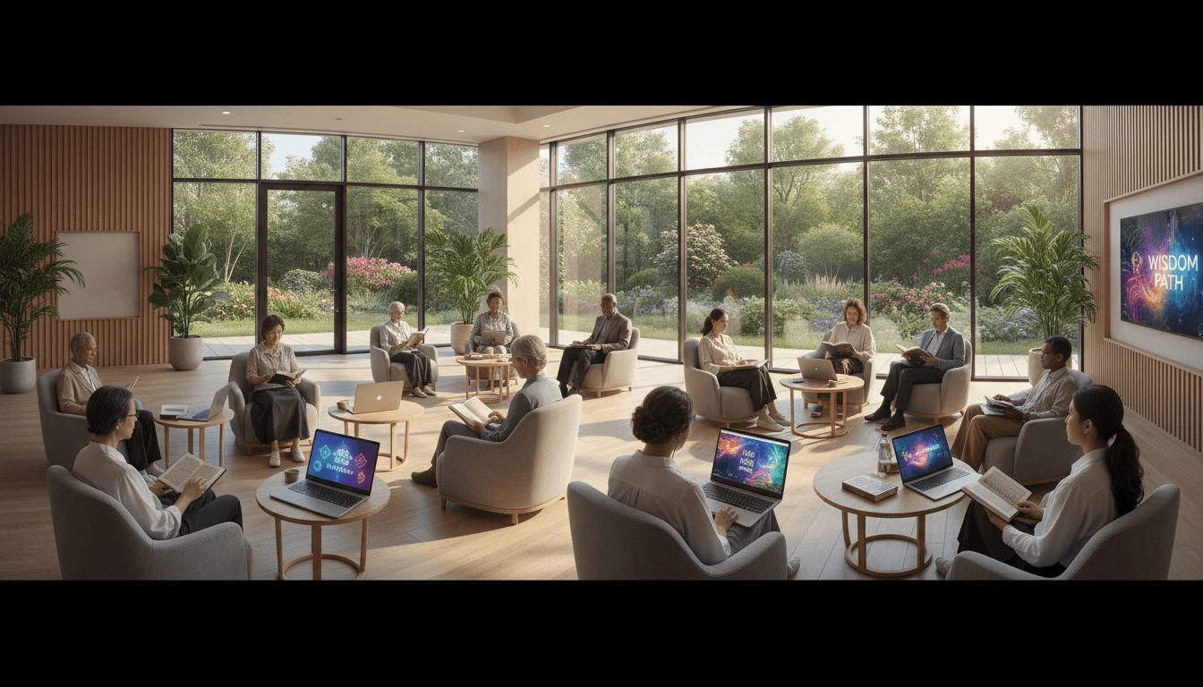Diverse group studying spiritual content together in bright modern community room with natural lighting and digital devices Diverse group studying spiritual content together in bright modern community room with natural lighting and digital devices